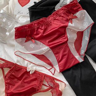 红酒摇曳~女士本命年性感纯欲风法式缎面镂空细带内裤女蕾丝批发