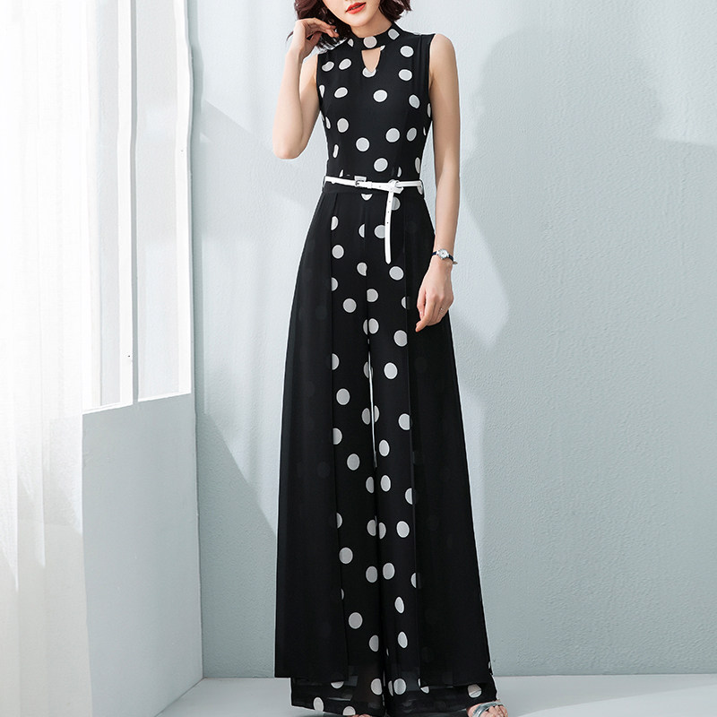美妃雅黑色连体裤女夏2022款无袖波点气质雪纺连衣连身阔腿裤套装