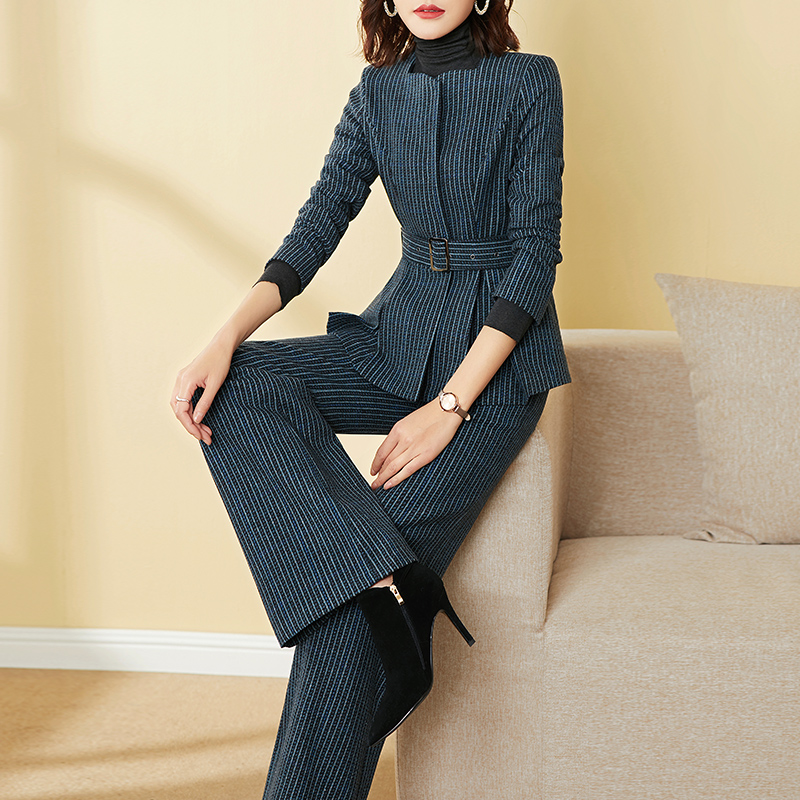 美妃雅藏青色条纹毛呢收腰套装