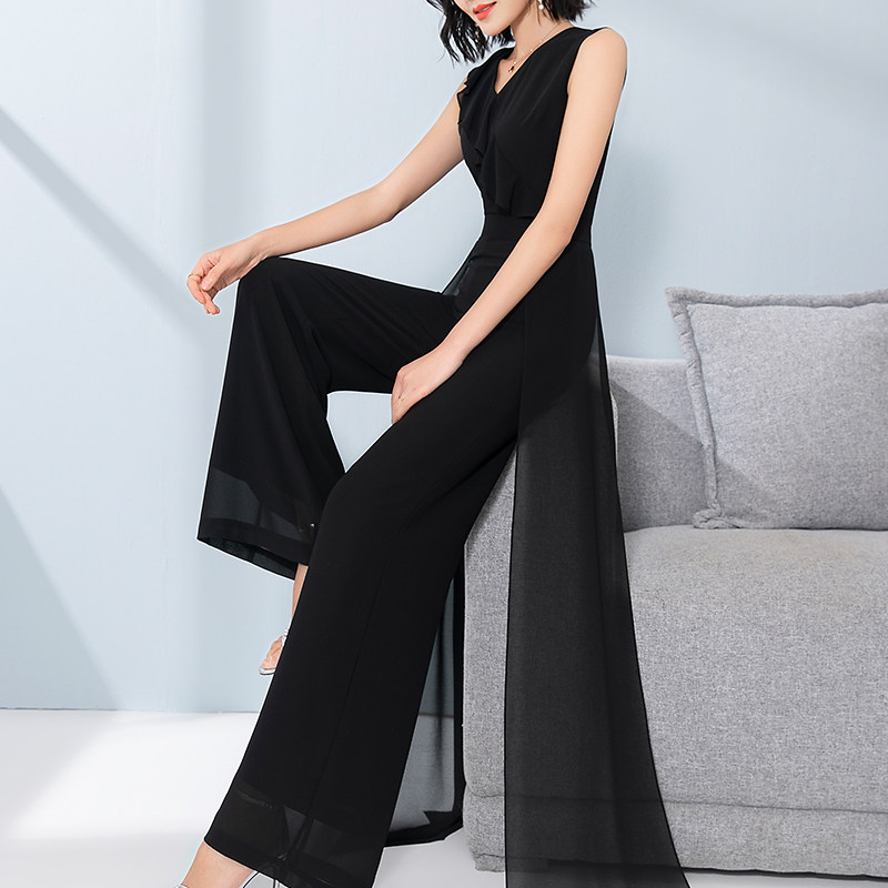 美妃雅黑色时尚OL连体裤女夏2025新款雪纺气质连衣连身阔腿裤套装