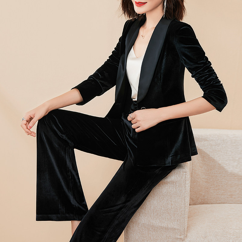 美妃雅黑色金丝绒西装套装女2024秋冬新款时尚气质洋气职业两件套