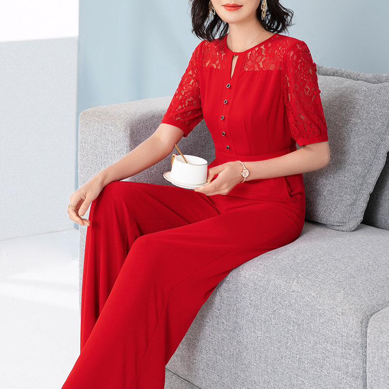 美妃雅红色OL职业连体裤女夏2024新款时尚气质连衣连身阔腿裤套装