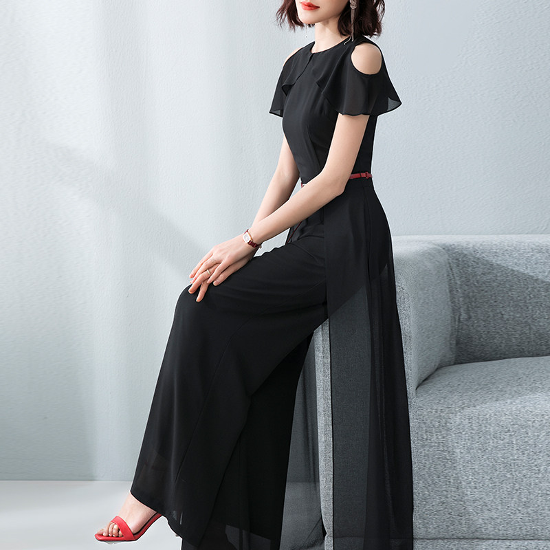 美妃雅黑色露肩连体裤女夏2024年新款OL雪纺气质连衣裤阔腿裤套装