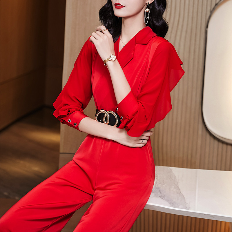 红色连体裤女春秋2021连身裤长裤图片