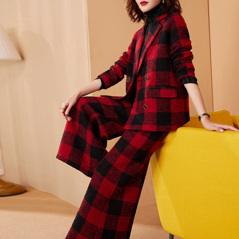 美妃雅格子西装外套女设计感2024新款秋冬时尚羊毛呢阔腿裤套装厚图片