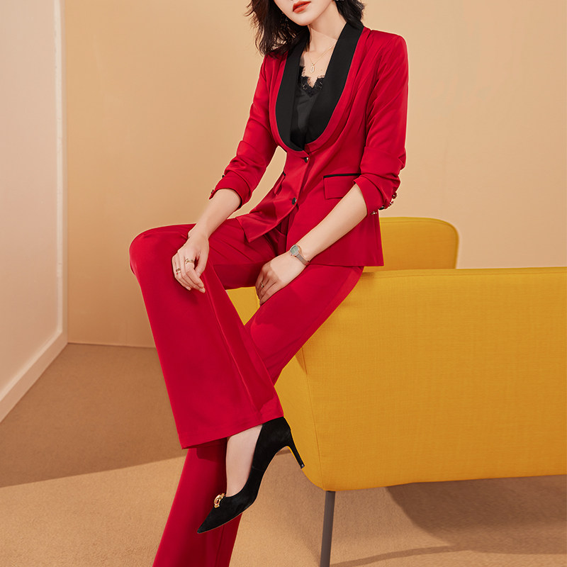美妃雅红色西装套装女2024春秋新款时尚职业气质名媛休闲两件套秋