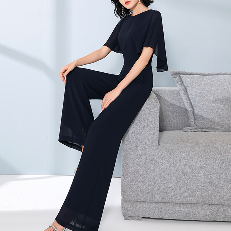 美妃雅藏蓝色连体裤女夏2024新款雪纺时尚气质连衣连身阔腿裤套装