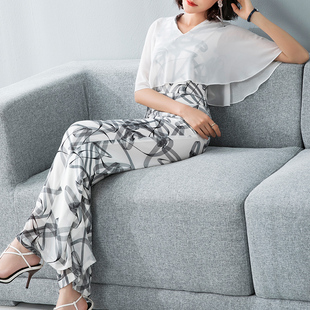 套装 V领气质雪纺连衣连身阔腿裤 女夏2024新款 美妃雅印花连体裤