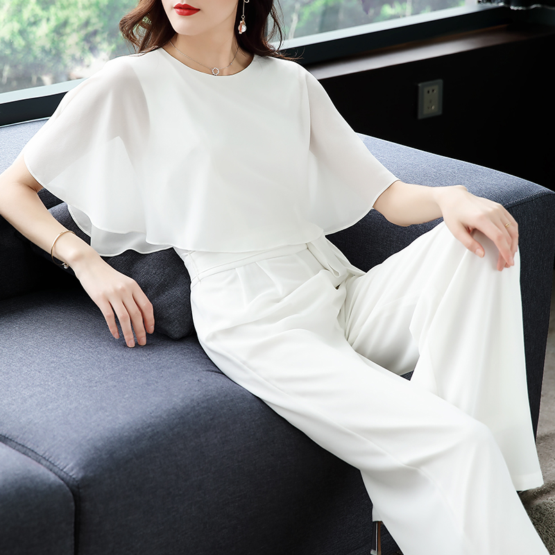 美妃雅白色连体裤女2024夏季新款雪纺蝙蝠衫长裤绑带阔腿裤连衣裤