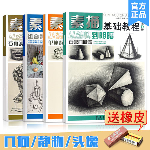 4册【14年老店】入门素描基础教程从结构到明暗石膏几何体石膏头像组合静物单体静物安徽美术出版社临摹培训小学启蒙自学绘画艺术