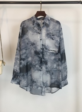 韩国chic设计感长袖雪纺衫夏天韩版百搭宽松复古烟灰色防晒衬衫女