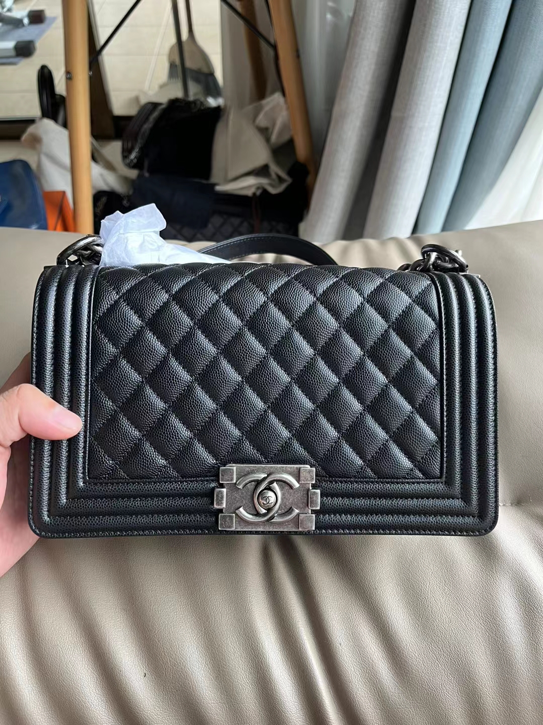 99新香奈儿Chanel leboy黑银荔枝皮中号单肩斜挎包女包
