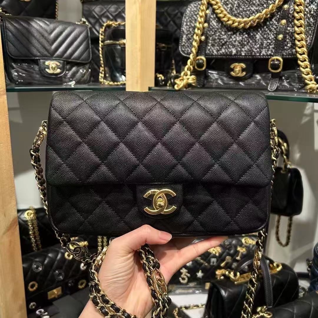 香奈儿chanel cf 23c链条口盖包黑色鱼子酱皮金扣单肩斜挎包女包