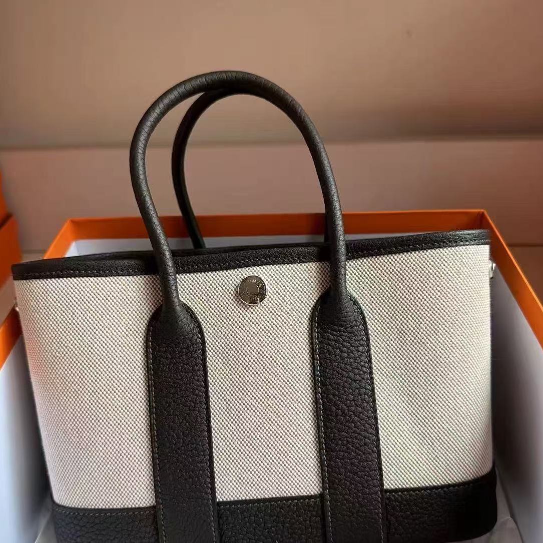 爱马仕Hermes Garden party23mini花园包帆布拼牛皮银扣单肩手提