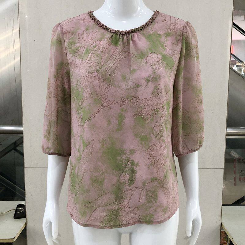 苏丝蔓6-207 中年桑蚕丝小衫女上衣夏季新款妈妈中袖真丝缎T恤衫