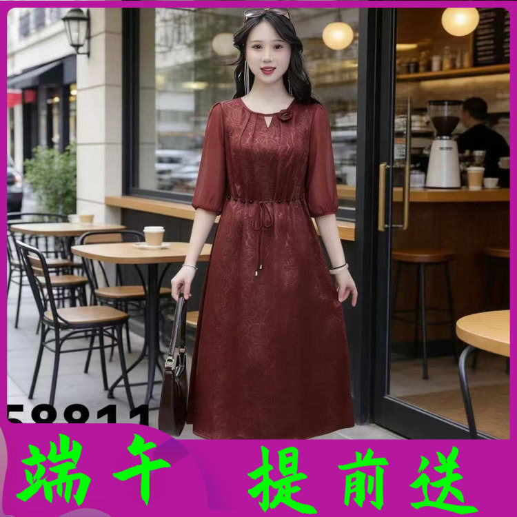 古玉轩58811 中老年人桑蚕丝短袖连衣裙2026夏季新款妈妈真丝缎裙