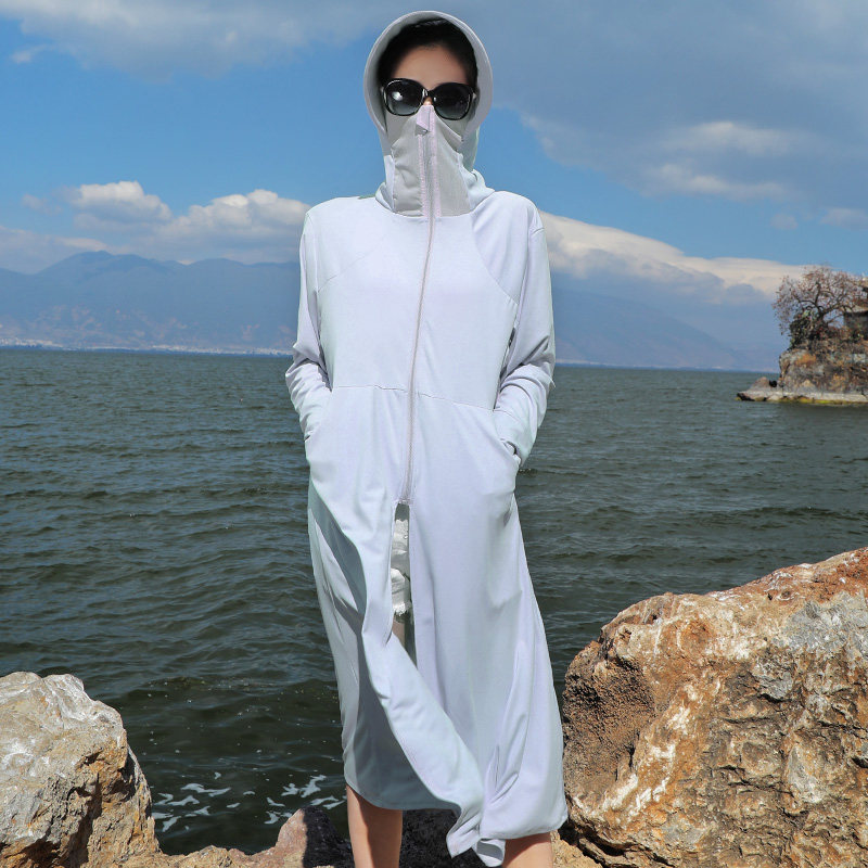 防晒衣户外风衣女长款夏薄款宽松透气时尚韩版海边出游防晒服过膝