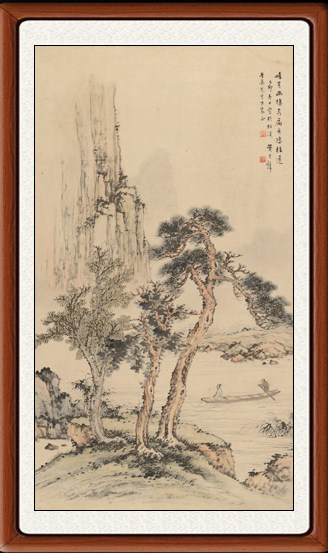 装饰画国画客厅山水画竖版十品挂画卧室非手绘黄君壁归舟图赠装裱