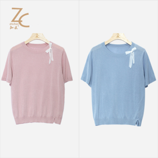T25652104 知臣夏季 新品 多色温柔甜美蝴蝶结针织小衫 T恤女