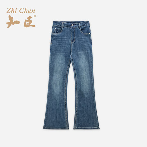 复古四面弹深色9分微喇牛仔裤女