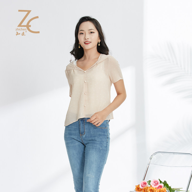 知臣夏季新品 夏季减龄单排扣装饰套头雪纺短袖连帽衫 10222295