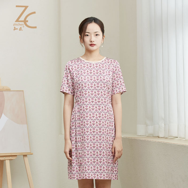 知臣夏季 气质修身孔雀粉花雪纺连衣裙女 22232198