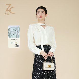 女 知臣春季 设计感V领带飘带衬衫 多色法式 T25831058 新品