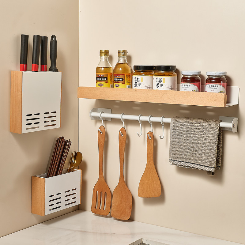 实木厨房置物架免打孔榉木调味料品油盐罐收纳架刀架挂架挂钩白色