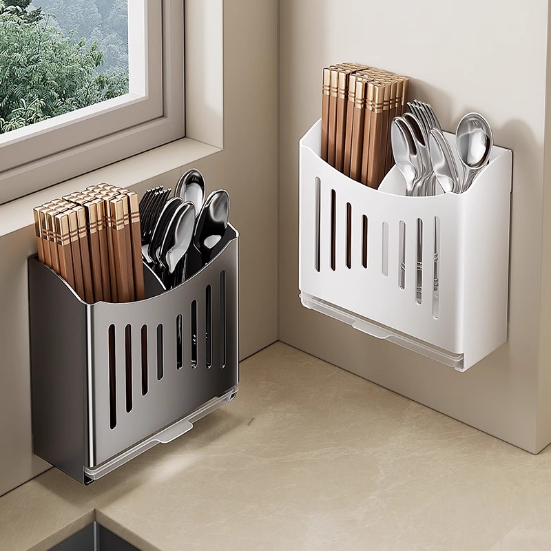 免打孔不锈钢壁挂筷子笼篓收纳盒