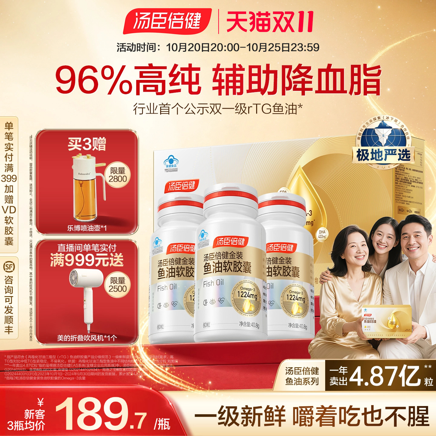 汤臣倍健旗舰96金装鱼油高纯浓度omega3成人DHA鱼油软胶囊EPA