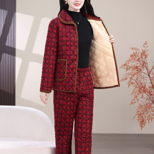 一整套装女士新款中老年冬季加绒加厚保暖妈妈棉袄棉裤两件套睡衣