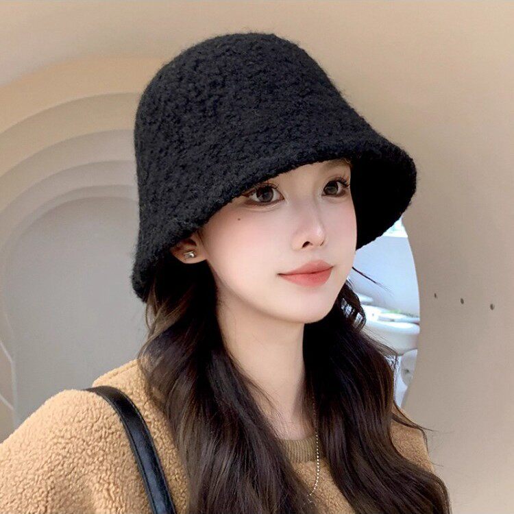 帽子女秋冬季羊羔毛渔夫帽黑色素帽子