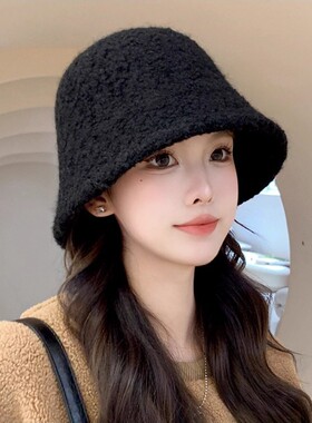 帽子女秋冬季羊羔毛渔夫帽黑色素颜显脸小水桶帽大脸保暖毛绒盆帽