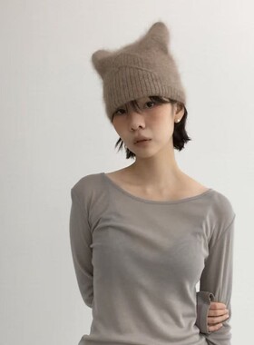 ins兔毛秋冬新纯色保暖毛绒绒护耳包头毛线帽针织冷帽男女猫耳朵