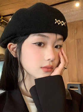 黑色贝雷帽女秋冬季毛呢百搭显脸小帽子韩系大头围简约保暖前进帽