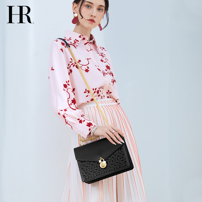 HR赫莲娜链条包女2020新款真皮简约单肩包高级感斜挎包风琴包大号