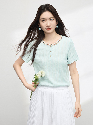 Xi World holiday style, webbing round collar T-shirt, women's short sleeves, summer new style, all-matching, straight shoulder and texture top