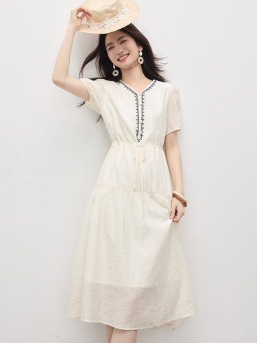 Xiworl Vacation Breeze Tulle Dress Summer Women Retro Embroidery V-Neck Bubble Sleeve Cinched Waist Skirt