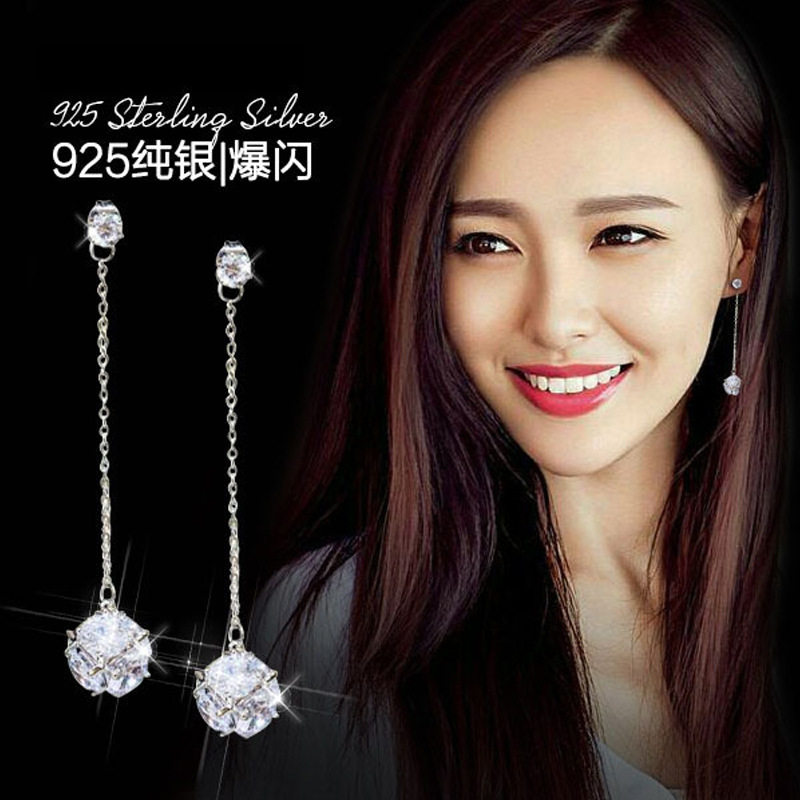 925银针锆石流苏耳环女长款气质耳坠水晶耳钉甜美饰品无耳洞耳夹