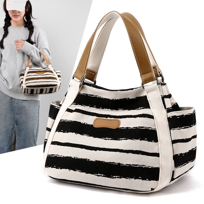 帆布包女包2023新款时尚条纹休闲上班手拎妈咪包多口袋饭盒便当包