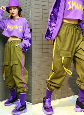 军绿色高街工装裤宽松嘻哈街舞休闲运动跳舞裤azz裤子广场舞队服