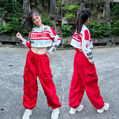 宽松爵士跳舞jazz裤 女团风红色工装 裤 子hiphop街舞潮牌广场舞运动