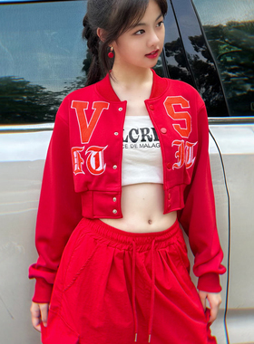 美式辣妹外套短款女棒球服刺绣新款jazz上衣爵士跳舞穿搭显瘦红色
