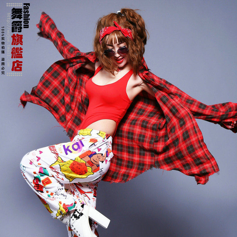 bf风韩版时尚不规则外套嘻哈街舞宽松格子衬衫女中长款jazz舞服装