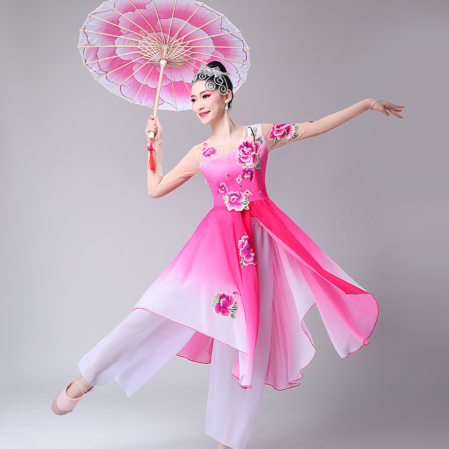 友仙阁中老年飘逸雪纺古典舞伞舞秧歌成人舞蹈演出民族舞台服装女