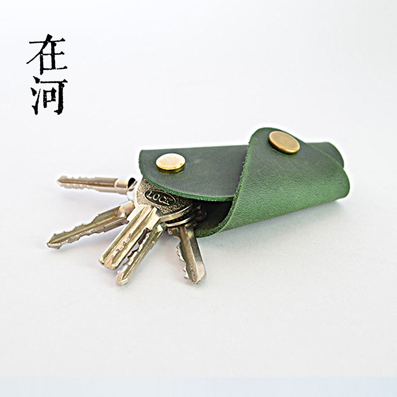 在河工作室新款疯马皮钥匙包小巧腰挂扣DIY小包加厚真皮复古养牛