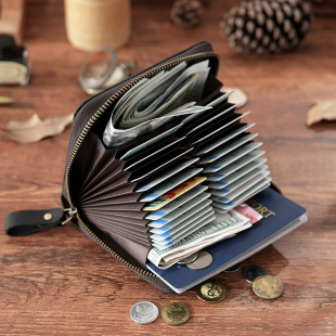 真皮大容量风琴位拉链卡包24个独立卡位加厚牛皮复古疯马皮防盗刷
