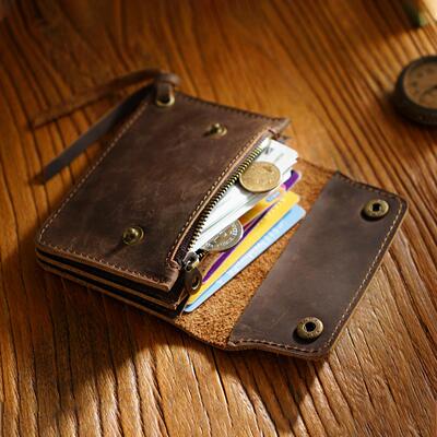 头层牛皮大容量手工钱包复古