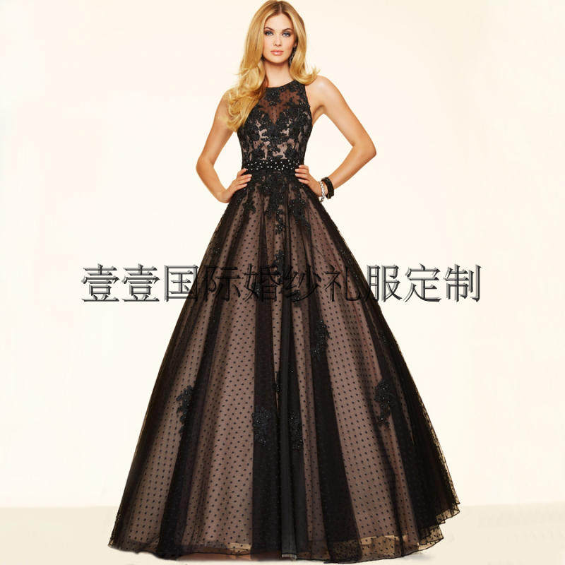 欧美大牌宴会黑色晚礼服性感露背主持司仪晚装新娘结婚婚纱敬酒服