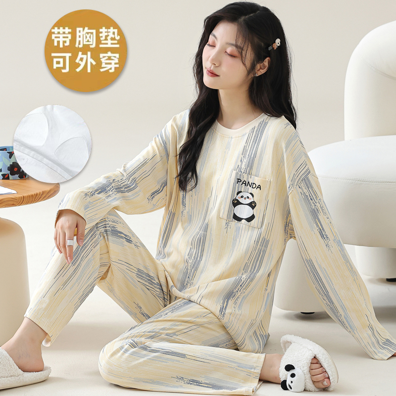 100％纯棉带胸垫女春秋长袖睡衣